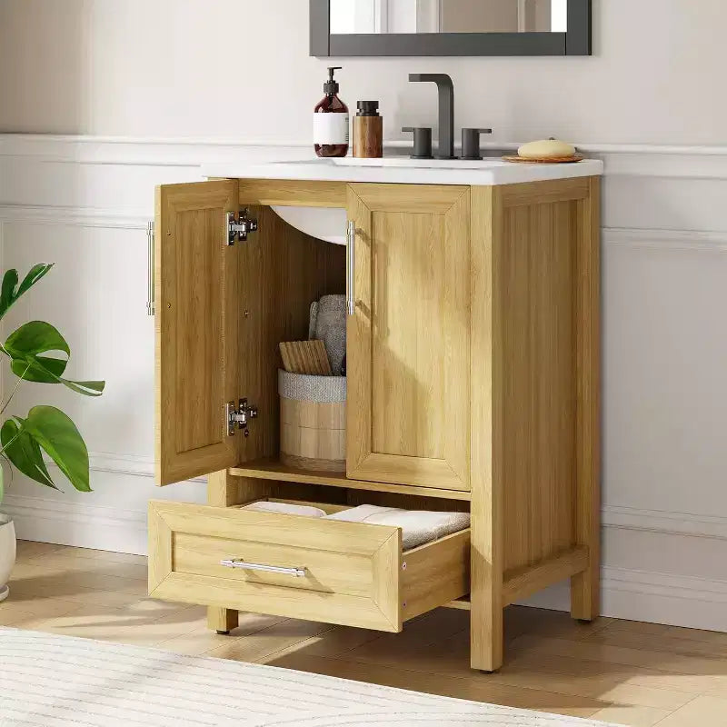 30 Freestanding Wood Bathroom Vanity with Sink, Soft-Closing Door & Metal Handle. Modern Storage for Small Spaces, Natural Wood