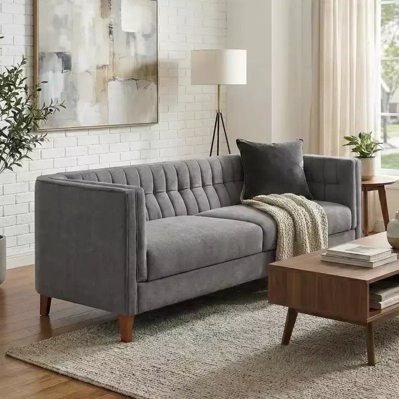 Modern 76" 3-Seater Chenille Upholstered Sofa with Channel-Tufted Backrest