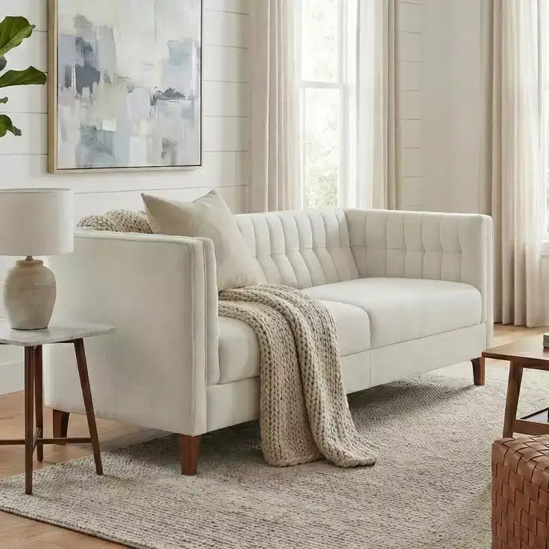 Modern 76" 3-Seater Chenille Upholstered Sofa with Channel-Tufted Backrest