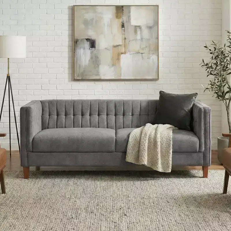 Modern 76" 3-Seater Chenille Upholstered Sofa with Channel-Tufted Backrest