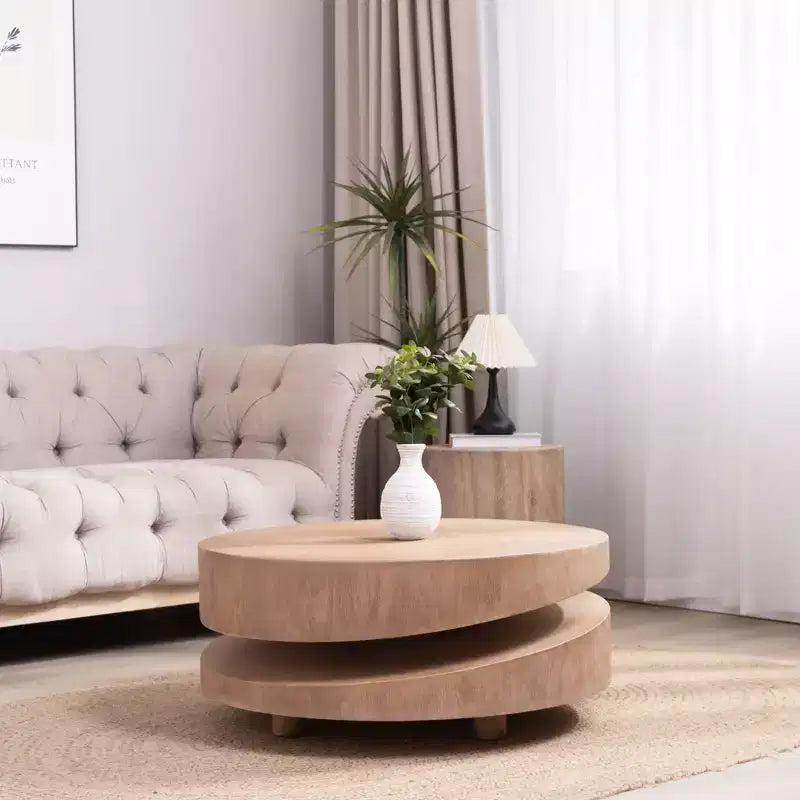 Modern 31.3" Round Two-Tier Coffee Table, Sculptural Asymmetrical Design