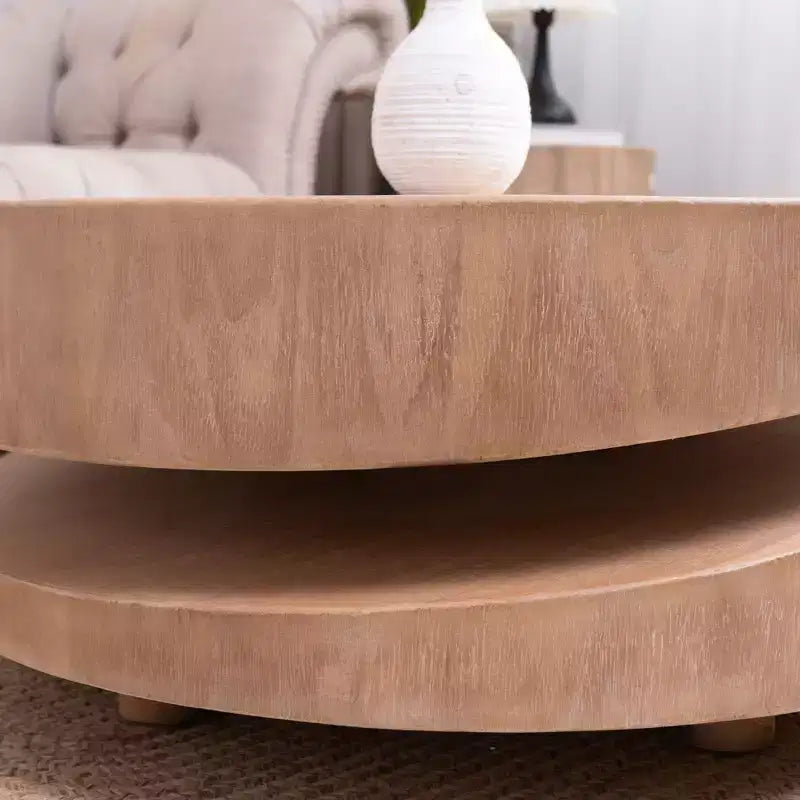 Modern 31.3" Round Two-Tier Coffee Table, Sculptural Asymmetrical Design