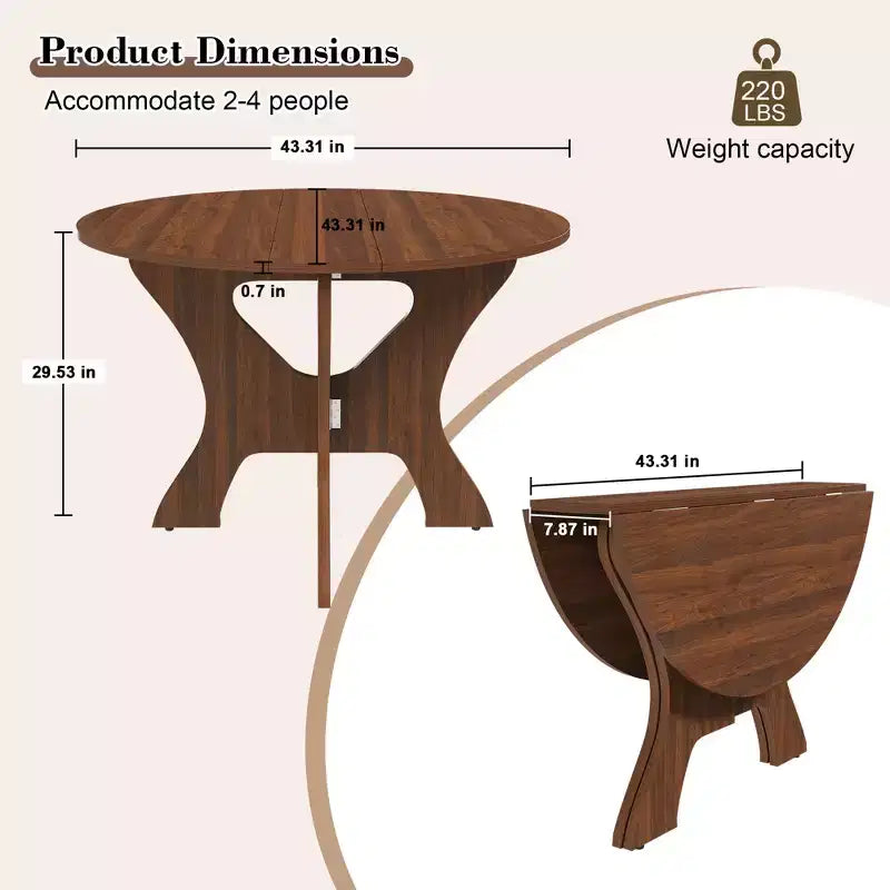 Modern 43" Folding Round Dining Table, Space-Saving Eco-Friendly MDF