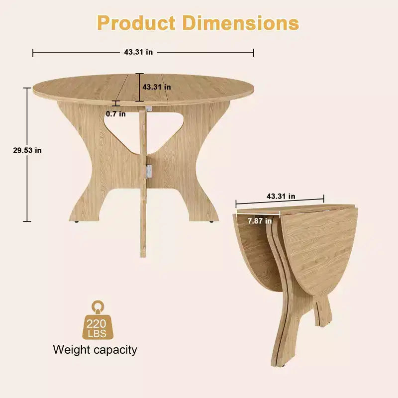 Modern 43" Folding Round Dining Table, Space-Saving Eco-Friendly MDF