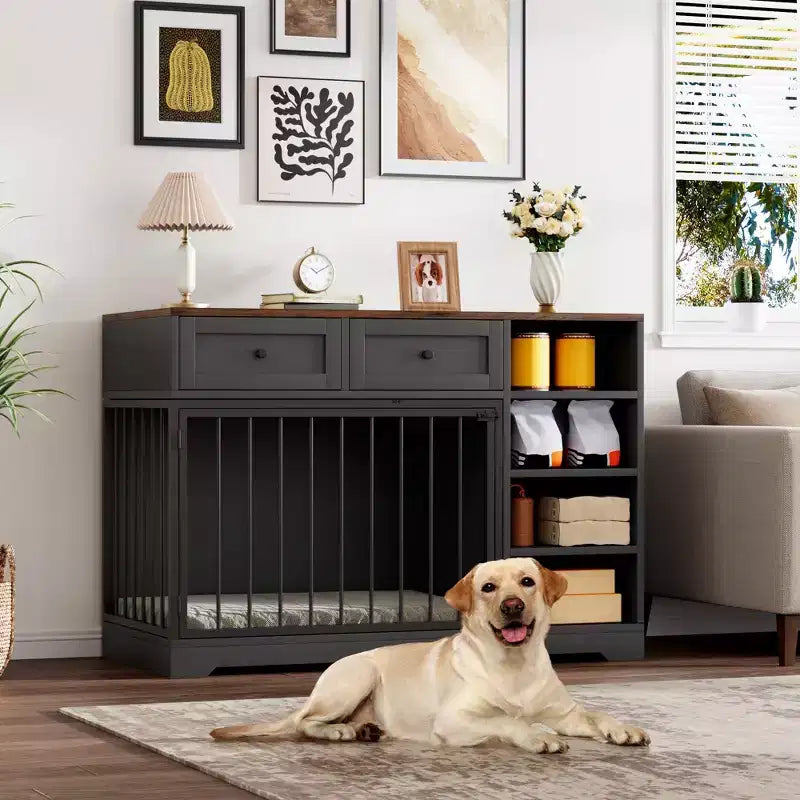 47 Dog Crate Furniture - 2 Storage Drawers, 4 Deep Shelves, Farmhouse Wooden, Extra Large Dog Cage End Table, Indoor Kennel for Large Medium Dogs