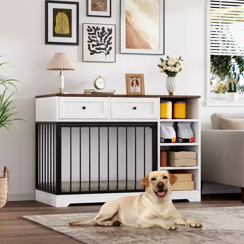 47 Dog Crate Furniture - 2 Storage Drawers, 4 Deep Shelves, Farmhouse Wooden, Extra Large Dog Cage End Table, Indoor Kennel for Large Medium Dogs