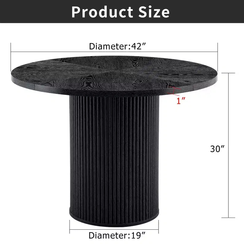 42" Round Pedestal Dining Table with Fan-Shaped Black Wood Top, Seats 4