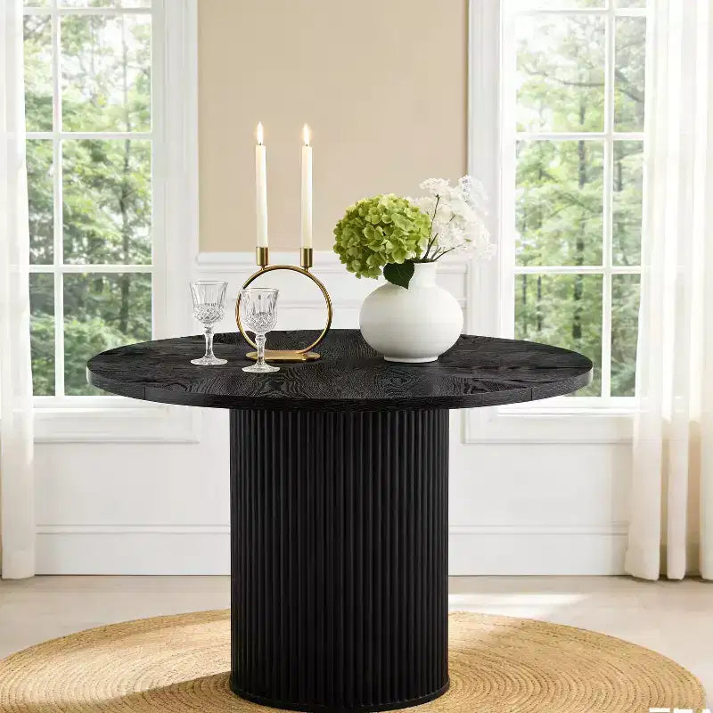42" Round Pedestal Dining Table with Fan-Shaped Black Wood Top, Seats 4