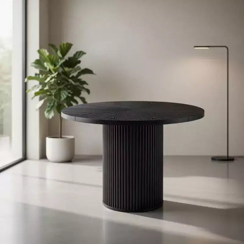 42" Round Pedestal Dining Table with Fan-Shaped Black Wood Top, Seats 4