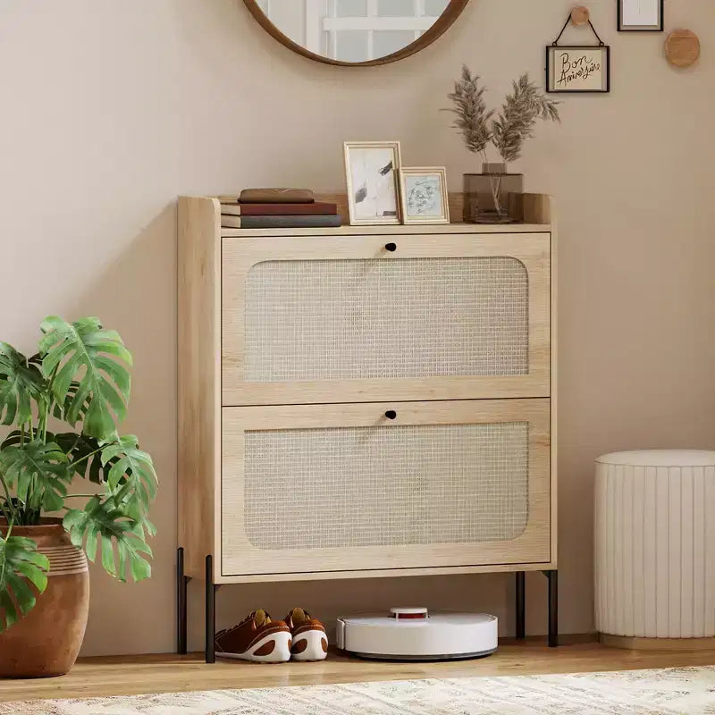 Boho Narrow Shoe Cabinet with 2 Flip Drawers, Rattan Accent & Adjustable Shelves, Oak, Holds 12-16 Pairs