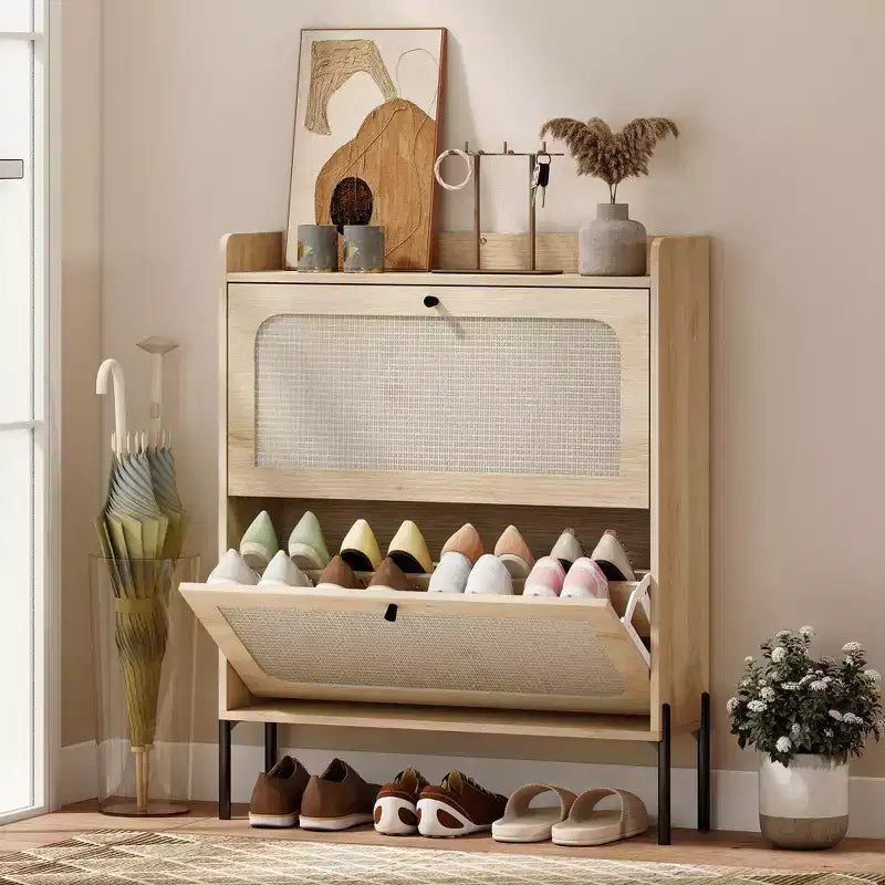 Boho Narrow Shoe Cabinet with 2 Flip Drawers, Rattan Accent & Adjustable Shelves, Oak, Holds 12-16 Pairs