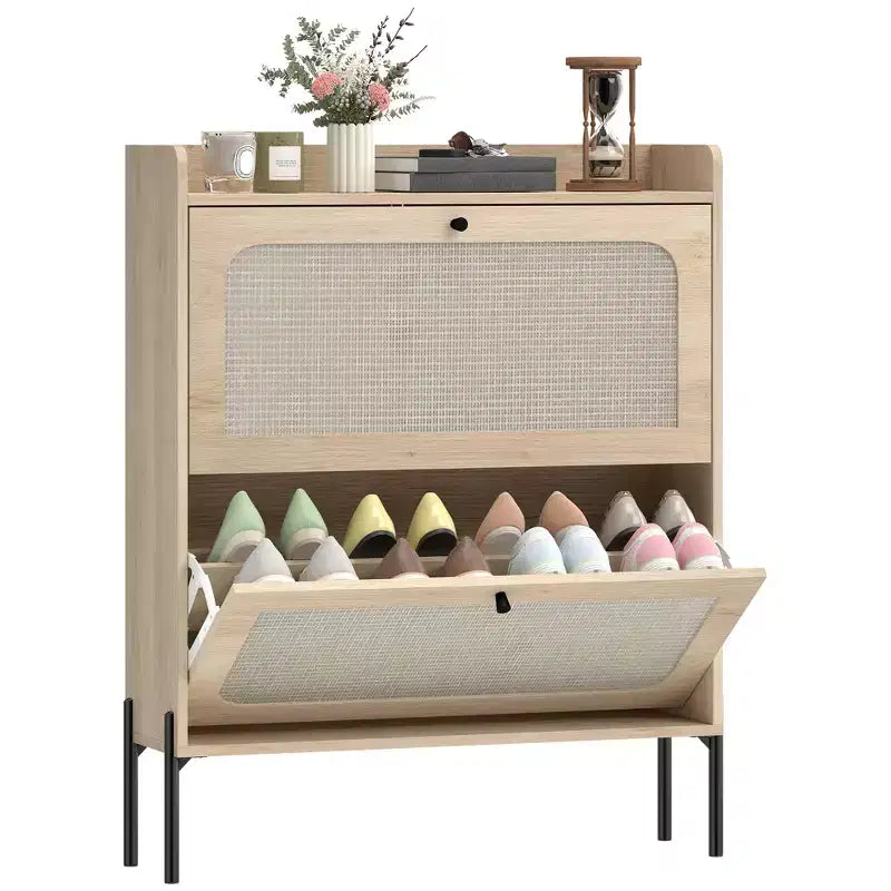 Boho Narrow Shoe Cabinet with 2 Flip Drawers, Rattan Accent & Adjustable Shelves, Oak, Holds 12-16 Pairs