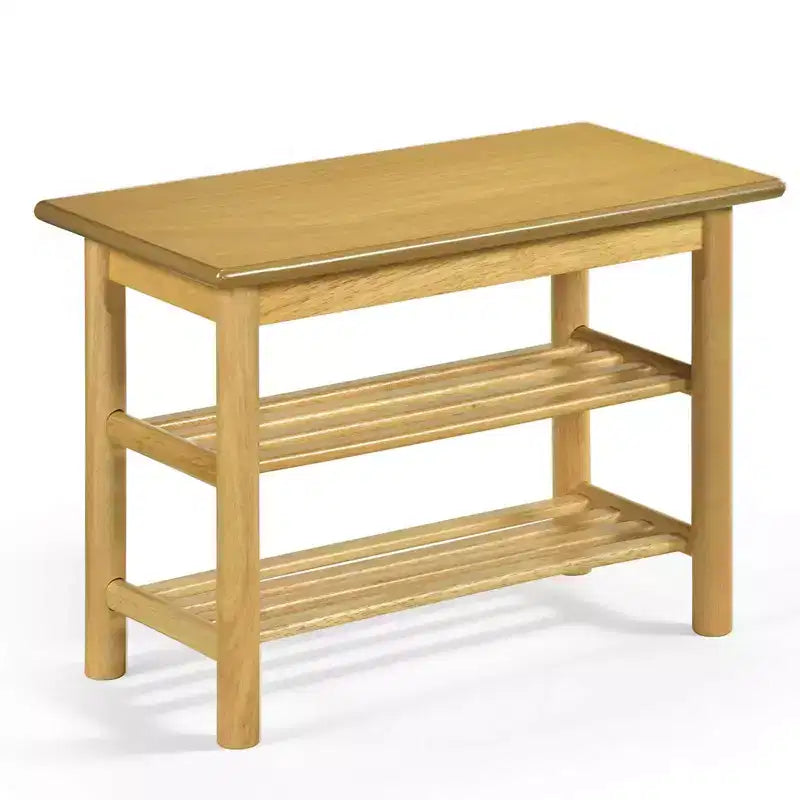 3-Tier Rubberwood Shoe Rack Bench, Freestanding Shoe Changing Bench with Slatted Shelves
