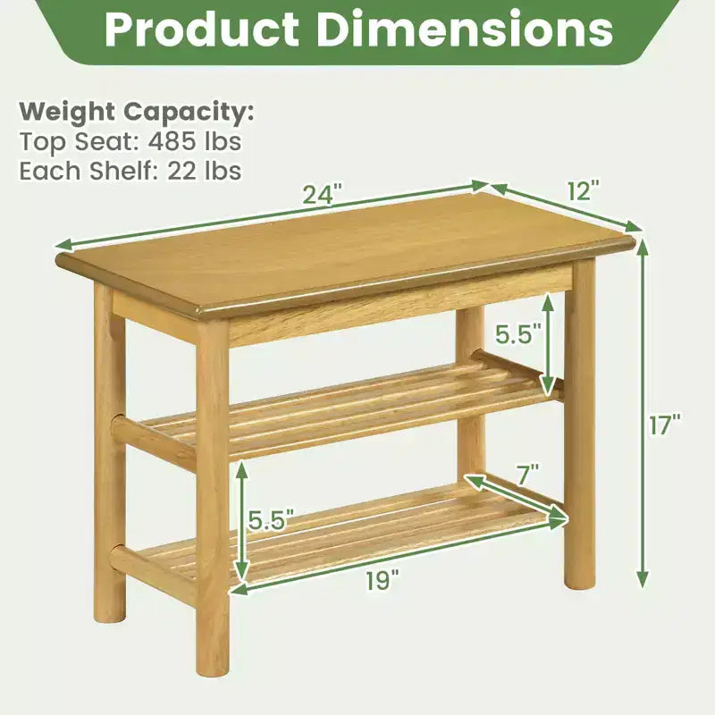 3-Tier Rubberwood Shoe Rack Bench, Freestanding Shoe Changing Bench with Slatted Shelves
