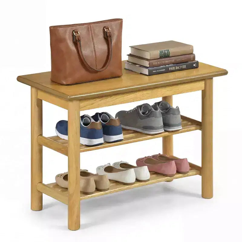 3-Tier Rubberwood Shoe Rack Bench, Freestanding Shoe Changing Bench with Slatted Shelves