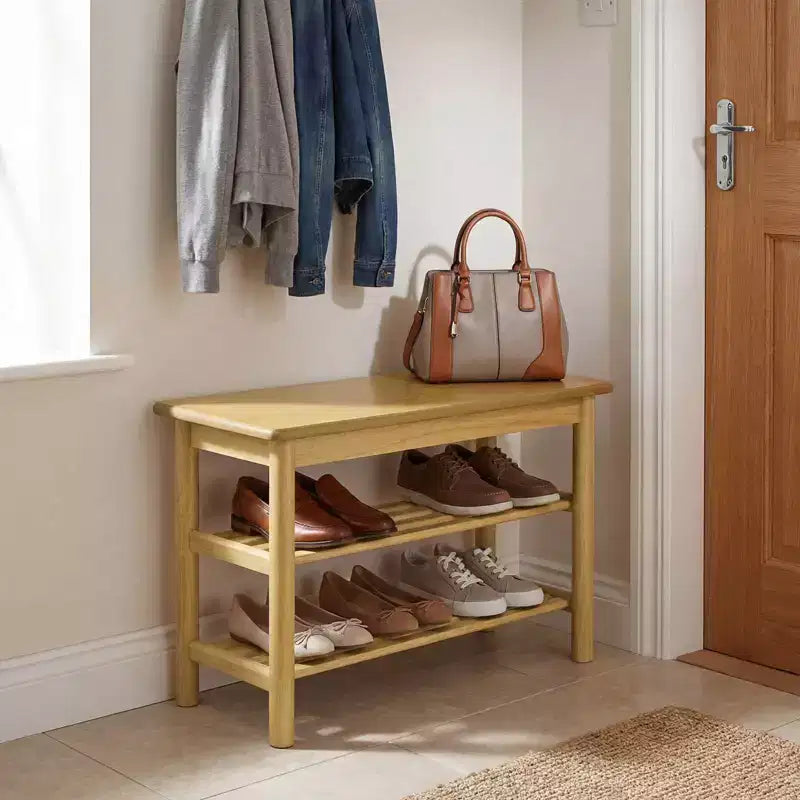 3-Tier Rubberwood Shoe Rack Bench, Freestanding Shoe Changing Bench with Slatted Shelves