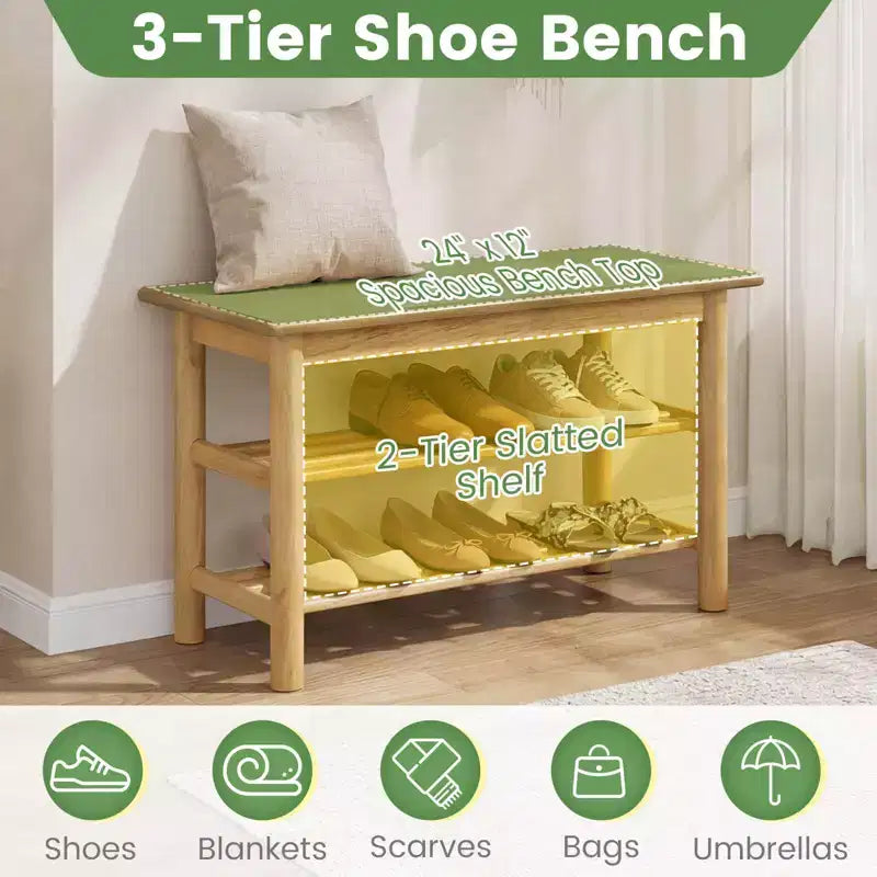 3-Tier Rubberwood Shoe Rack Bench, Freestanding Shoe Changing Bench with Slatted Shelves