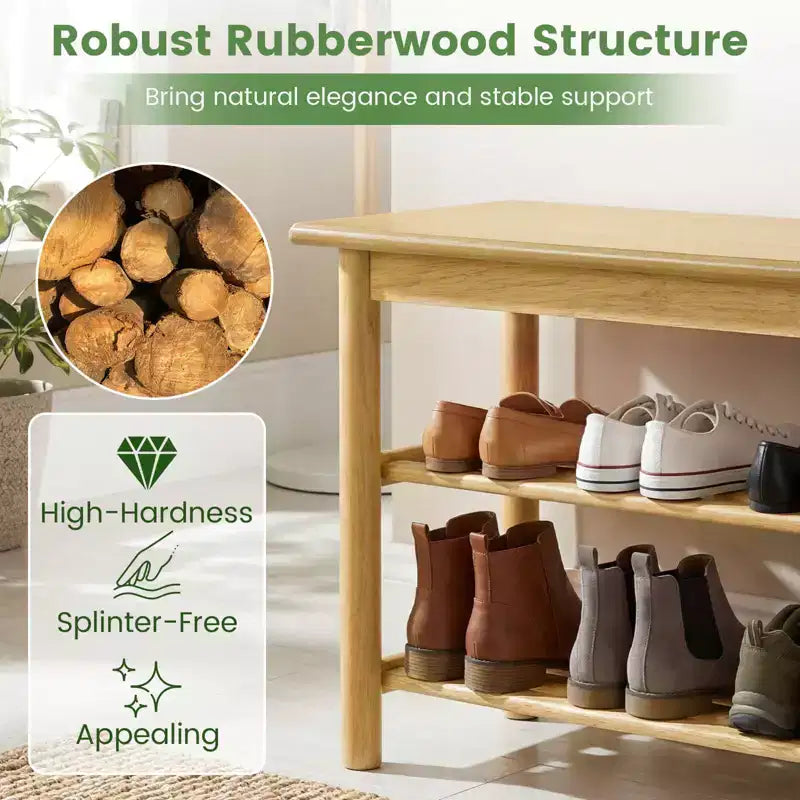 3-Tier Rubberwood Shoe Rack Bench, Freestanding Shoe Changing Bench with Slatted Shelves