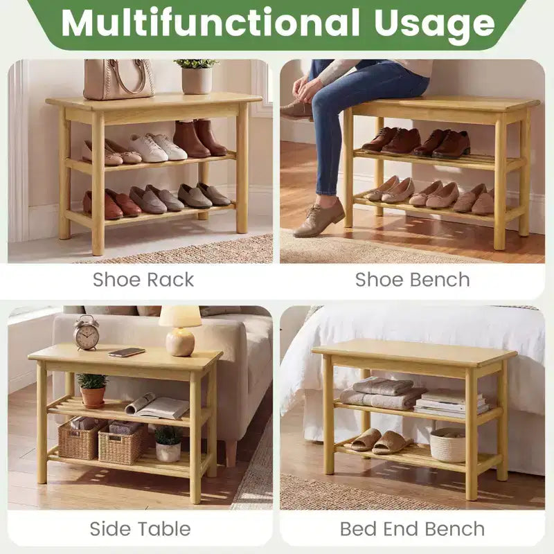3-Tier Rubberwood Shoe Rack Bench, Freestanding Shoe Changing Bench with Slatted Shelves