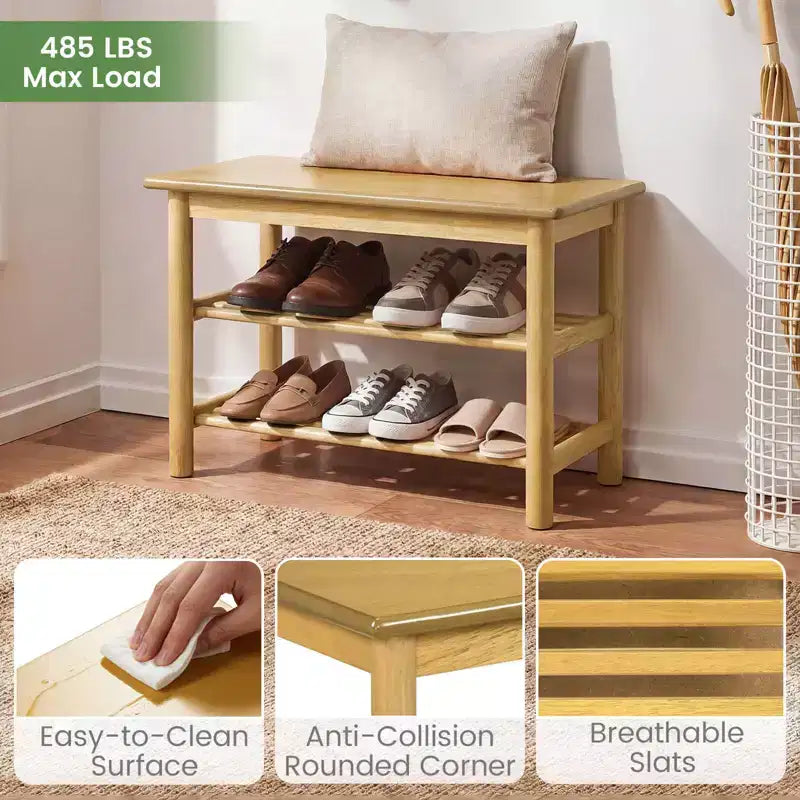3-Tier Rubberwood Shoe Rack Bench, Freestanding Shoe Changing Bench with Slatted Shelves
