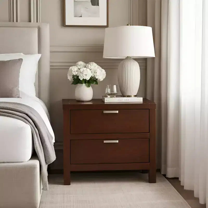 2-Drawer Nightstand in Cappuccino, Fully Assembled Wood Bedside Table