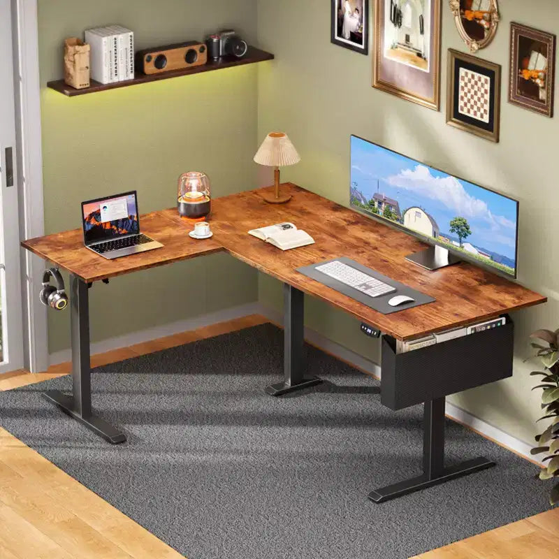 L Shaped Electric Standing Desk 63 Inch Height Adjustable Sit Stand Corner Computer Table Reversible Memory Presets Ergonomic Home Office Desk Brown
