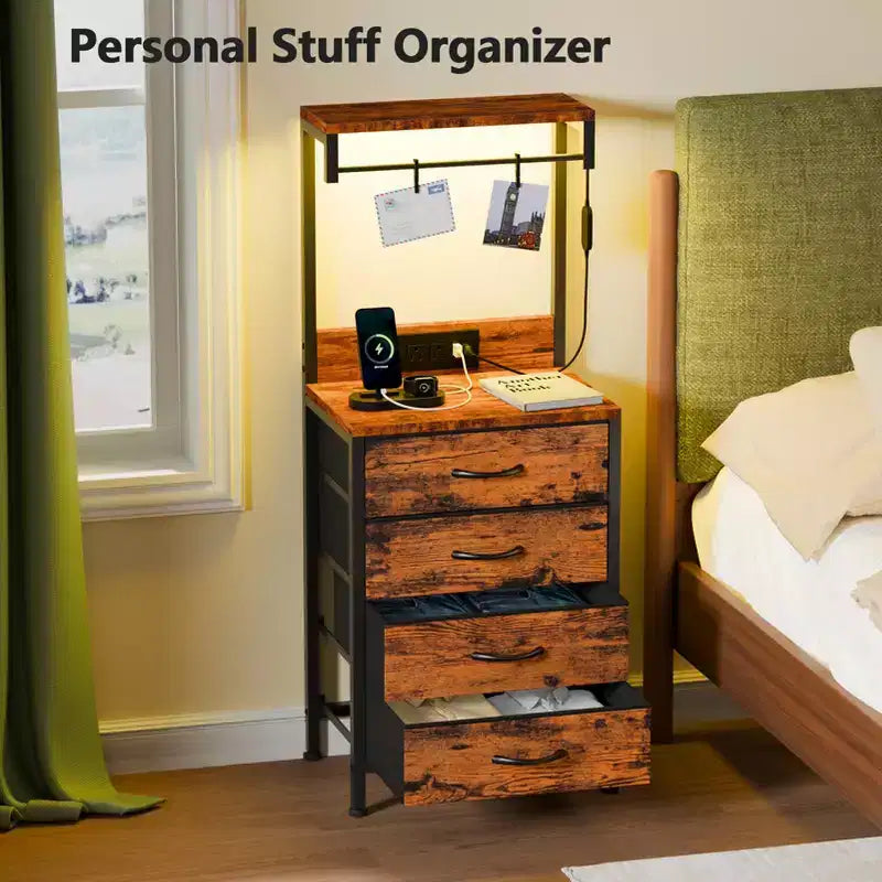 Modern Brown Nightstand with LED Lights Charging Station USB Ports 4 Fabric Drawers 4 Tier Storage Shelves Tall Bedside Side End Table Organizer
