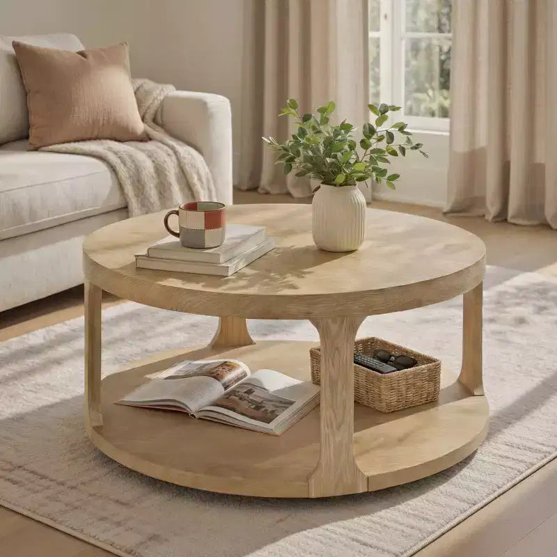 Farmhouse Round Wood Coffee Table with 2-Tier Storage Shelf