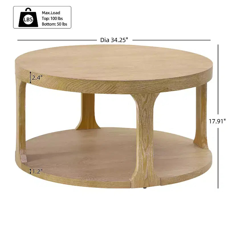 Farmhouse Round Wood Coffee Table with 2-Tier Storage Shelf