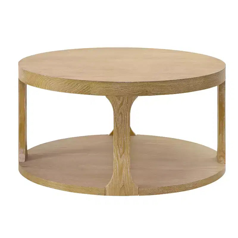Farmhouse Round Wood Coffee Table with 2-Tier Storage Shelf