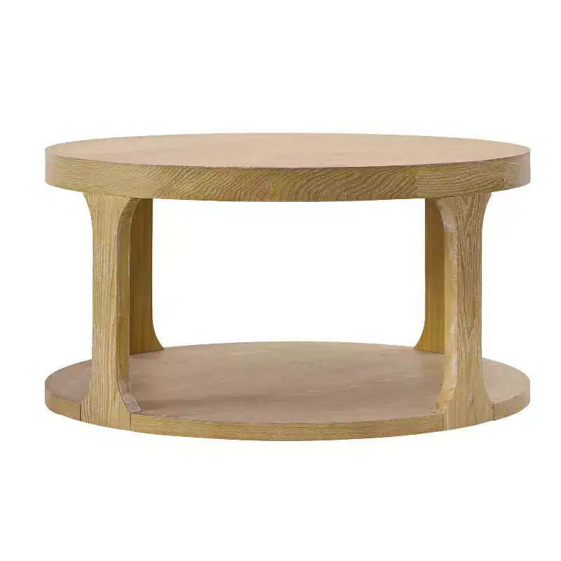 Farmhouse Round Wood Coffee Table with 2-Tier Storage Shelf