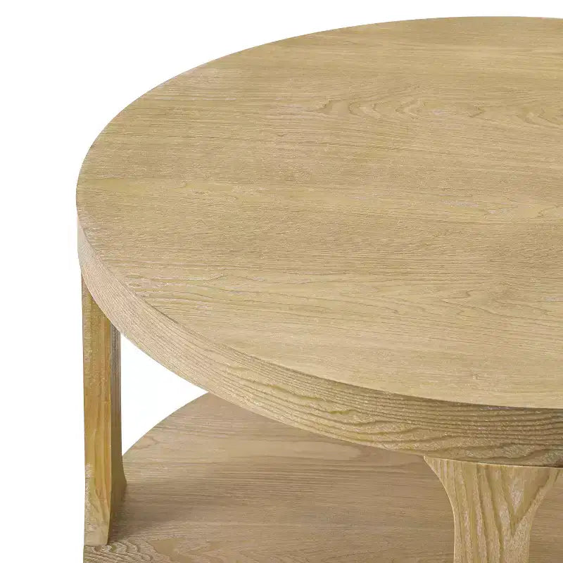 Farmhouse Round Wood Coffee Table with 2-Tier Storage Shelf