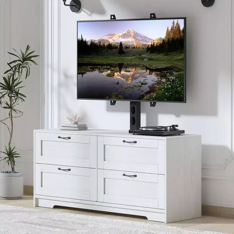 TV Stand with Adjustable Mount for 32-80 TVs  4 Storage Drawers  Wood Media Console Table