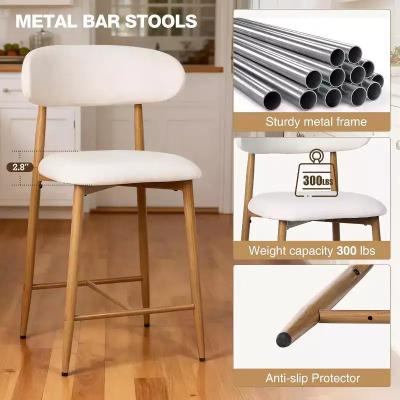 Set of 2 Counter Height Bar Stools with Upholstered Seat & Metal Legs, 26.3" Modern Kitchen Island Chairs