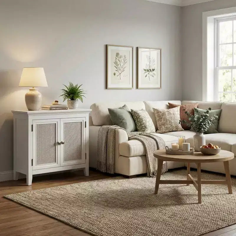 Farmhouse Storage Cabinet with Rattan Doors, Accent Buffet Sideboard with Adjustable Shelf