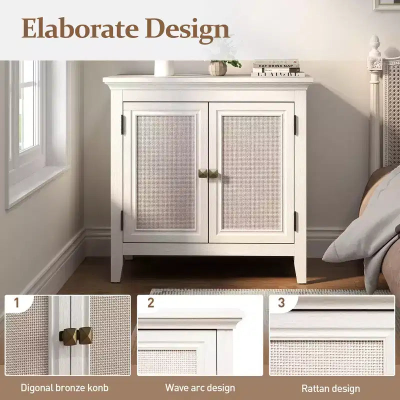 Farmhouse Storage Cabinet with Rattan Doors, Accent Buffet Sideboard with Adjustable Shelf
