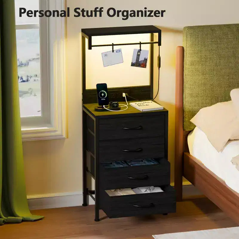 Tall Black Oak Nightstand 4 Fabric Drawers Storage Shelves Modern Bedside Side End Table Narrow Accent Organizer for Small Space Bedroom Living Room
