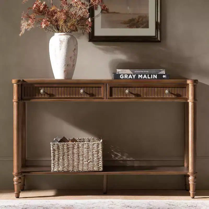 47.2" Walnut Console Table with 2 Fluted Drawers & Lower Shelf