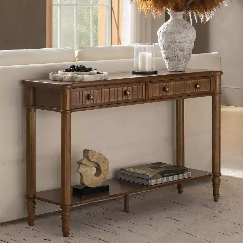 47.2" Walnut Console Table with 2 Fluted Drawers & Lower Shelf