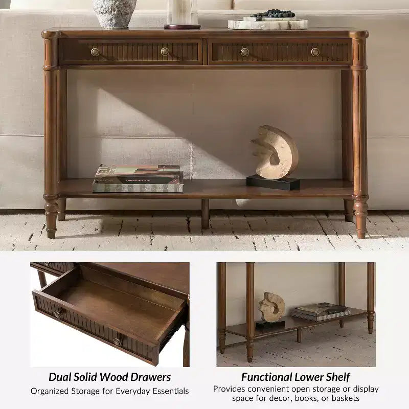 47.2" Walnut Console Table with 2 Fluted Drawers & Lower Shelf