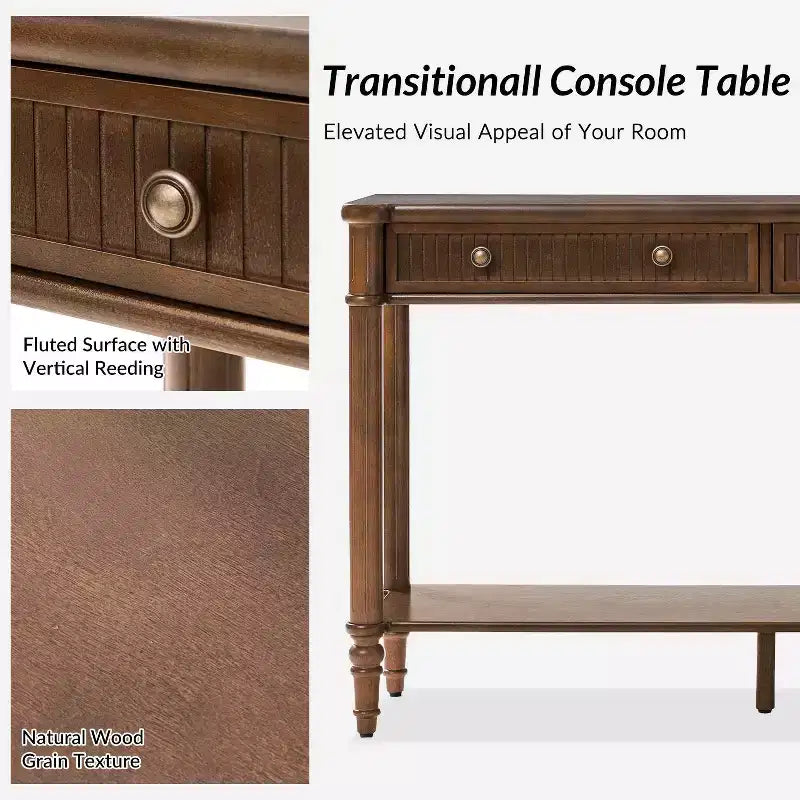 47.2" Walnut Console Table with 2 Fluted Drawers & Lower Shelf