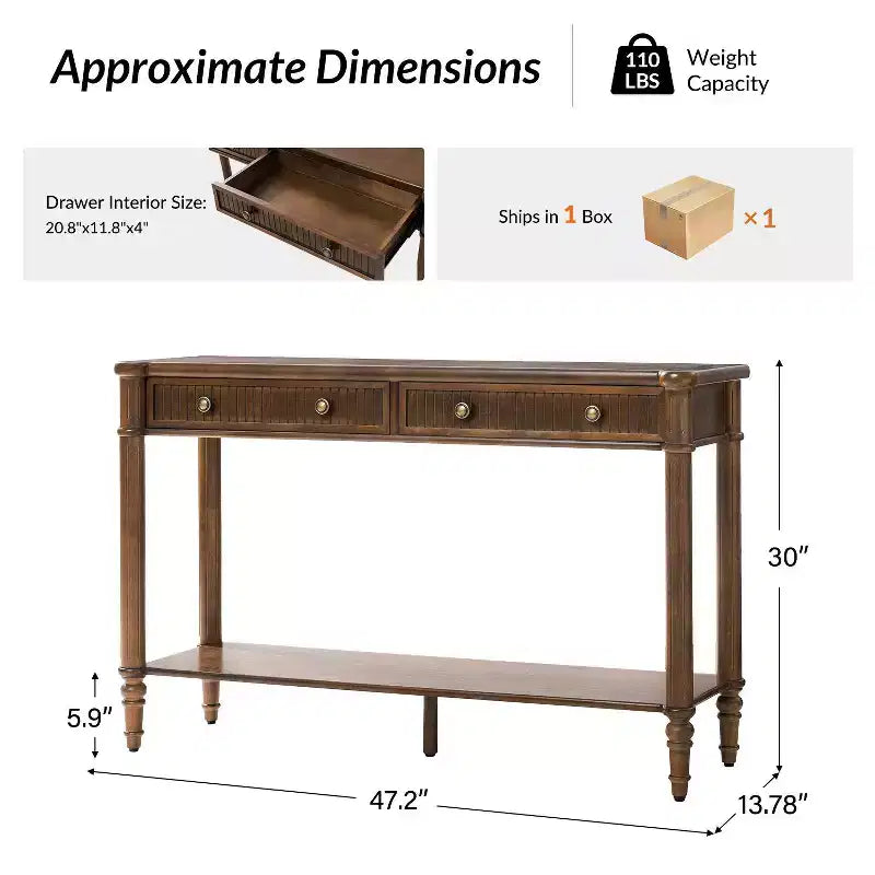 47.2" Walnut Console Table with 2 Fluted Drawers & Lower Shelf