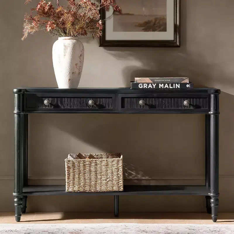 47.2" Walnut Console Table with 2 Fluted Drawers & Lower Shelf