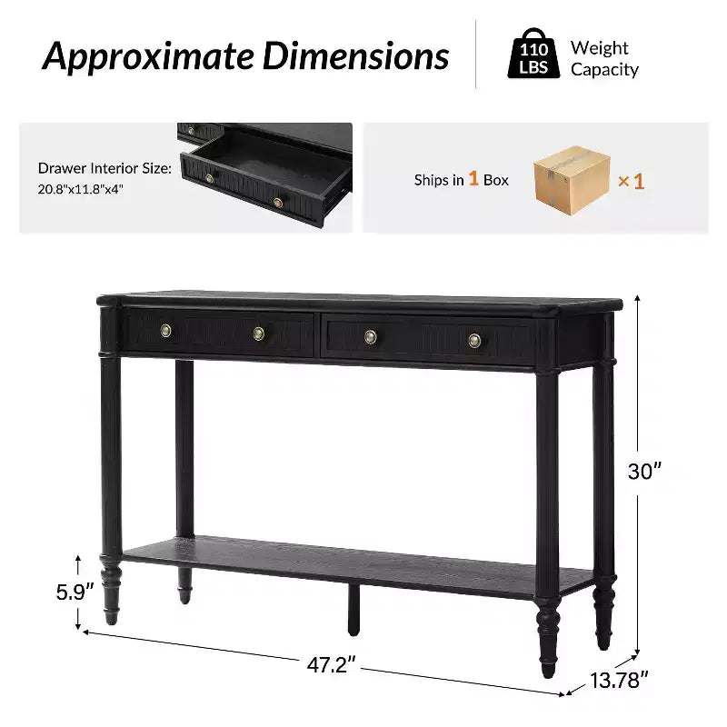 47.2" Walnut Console Table with 2 Fluted Drawers & Lower Shelf