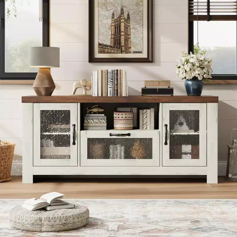 65 Inch Farmhouse TV Stand with Acrylic Doors - Entertainment Center w/ Adjustable Shelves, Media Console for Living Room & Bedroom Storage