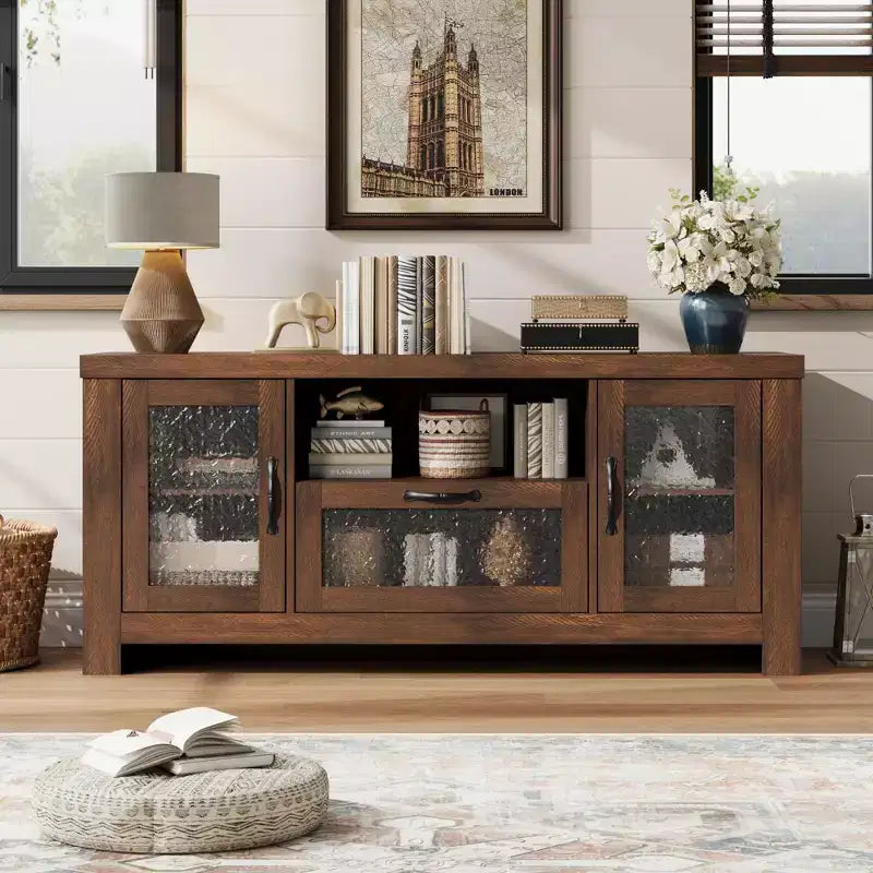 65 Inch Farmhouse TV Stand with Acrylic Doors - Entertainment Center w/ Adjustable Shelves, Media Console for Living Room & Bedroom Storage