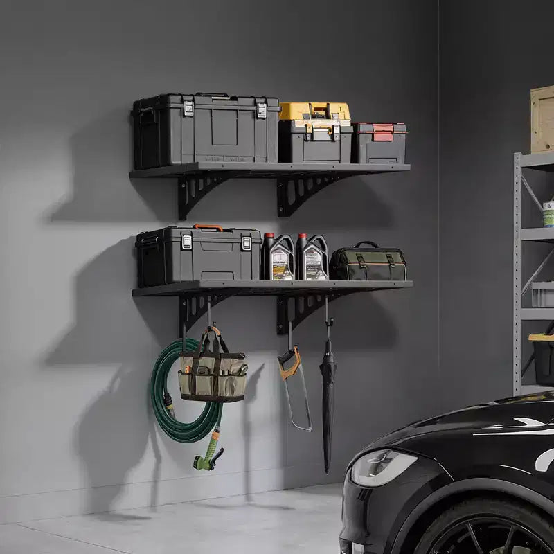 2-Tier Wall-Mounted Steel Garage Shelving, 2x3 ft, 560 lbs Capacity, Black