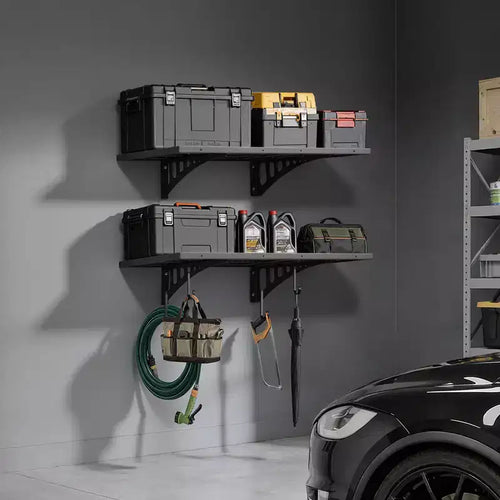 2-Tier Wall-Mounted Steel Garage Shelving, 2x3 ft, 560 lbs Capacity, Black