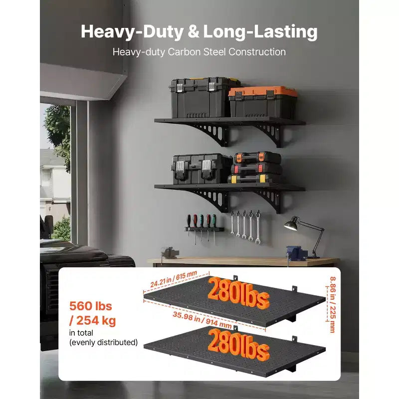 2-Tier Wall-Mounted Steel Garage Shelving, 2x3 ft, 560 lbs Capacity, Black