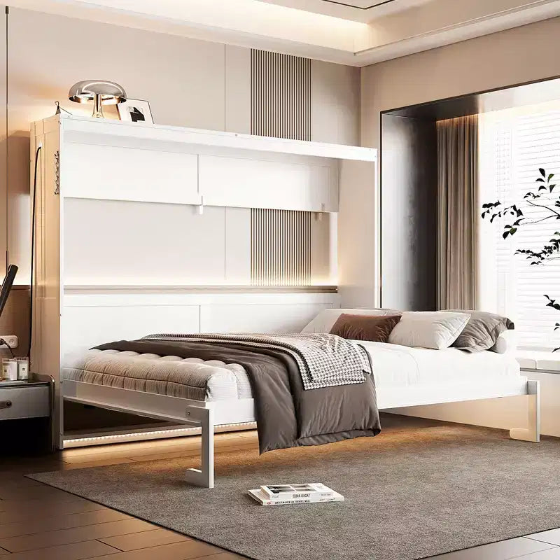 Modern Side-Folding Murphy Bed with Printed Panel, LED Lighting & USB Charging
